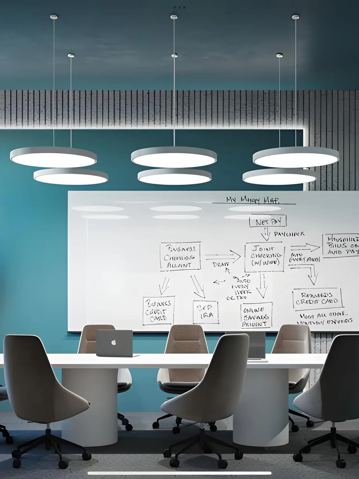 Meeting Room Interior — ring pendants under a teal ceiling