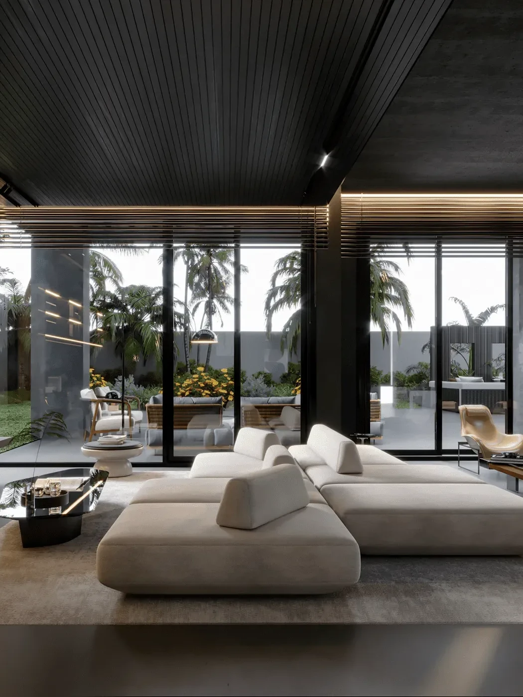 Luxury Home Interiors — a sunken living room with full-height glazing onto the garden