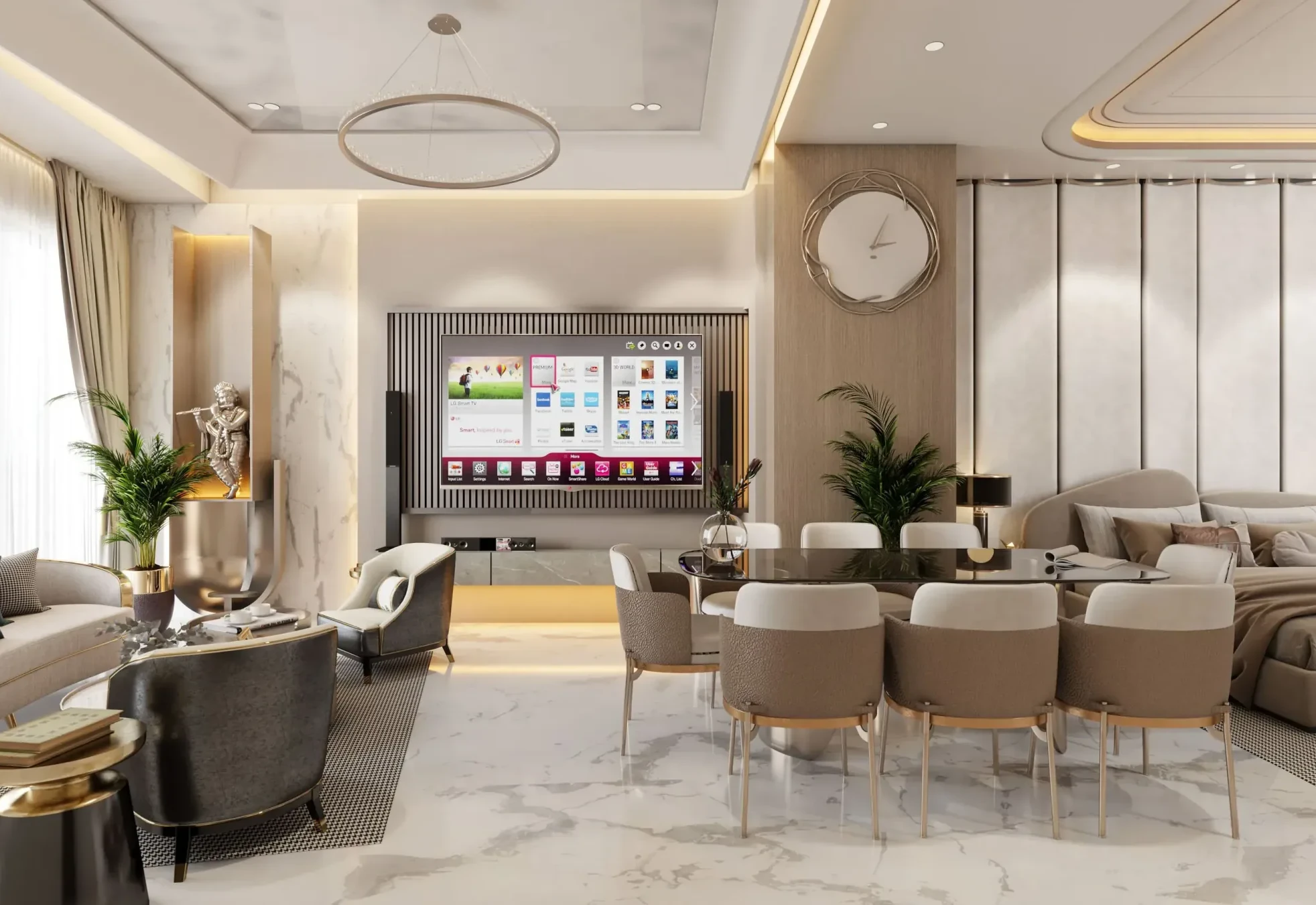 Intrici Experience Centre — the lounge with a ring chandelier and fluted wall panelling