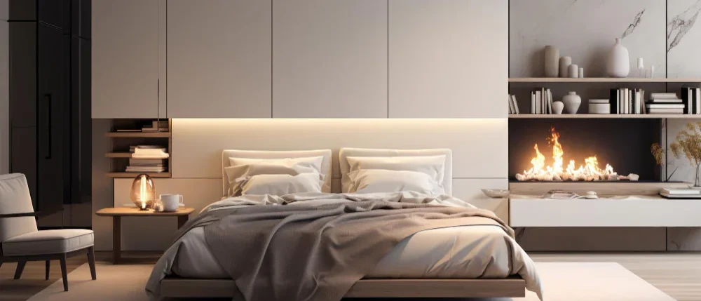 Bedroom Interior — an upholstered bed against panelled walls beside a built-in fireplace