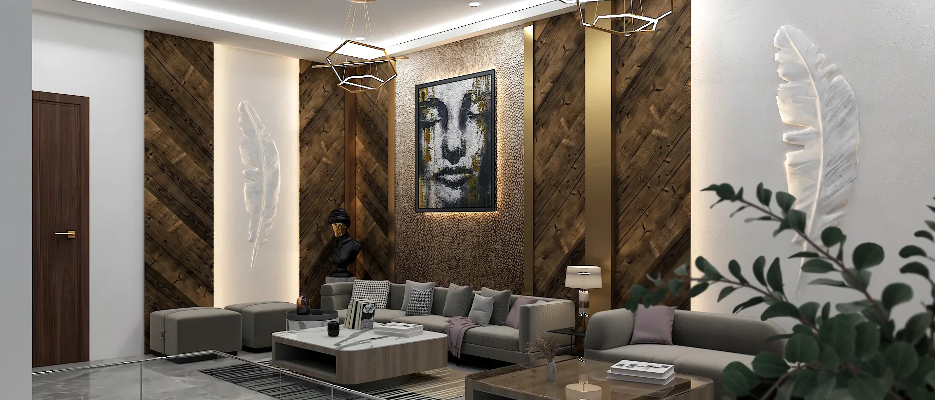 Living Room Interior — a herringbone timber feature wall with a large portrait