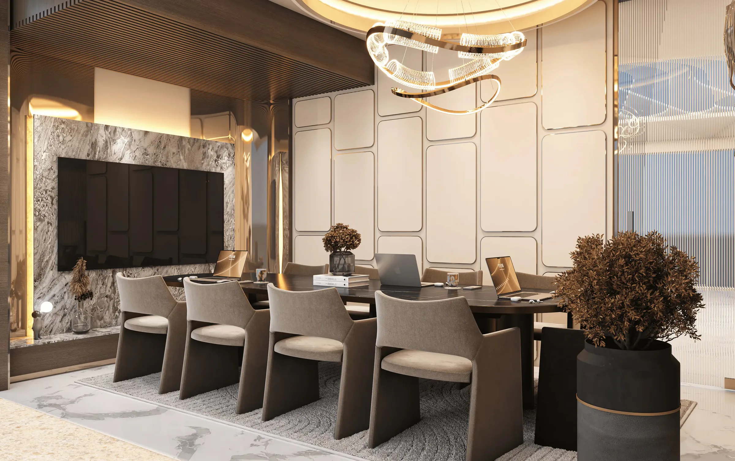 Conference Room Interior — a long table under a crystal chandelier