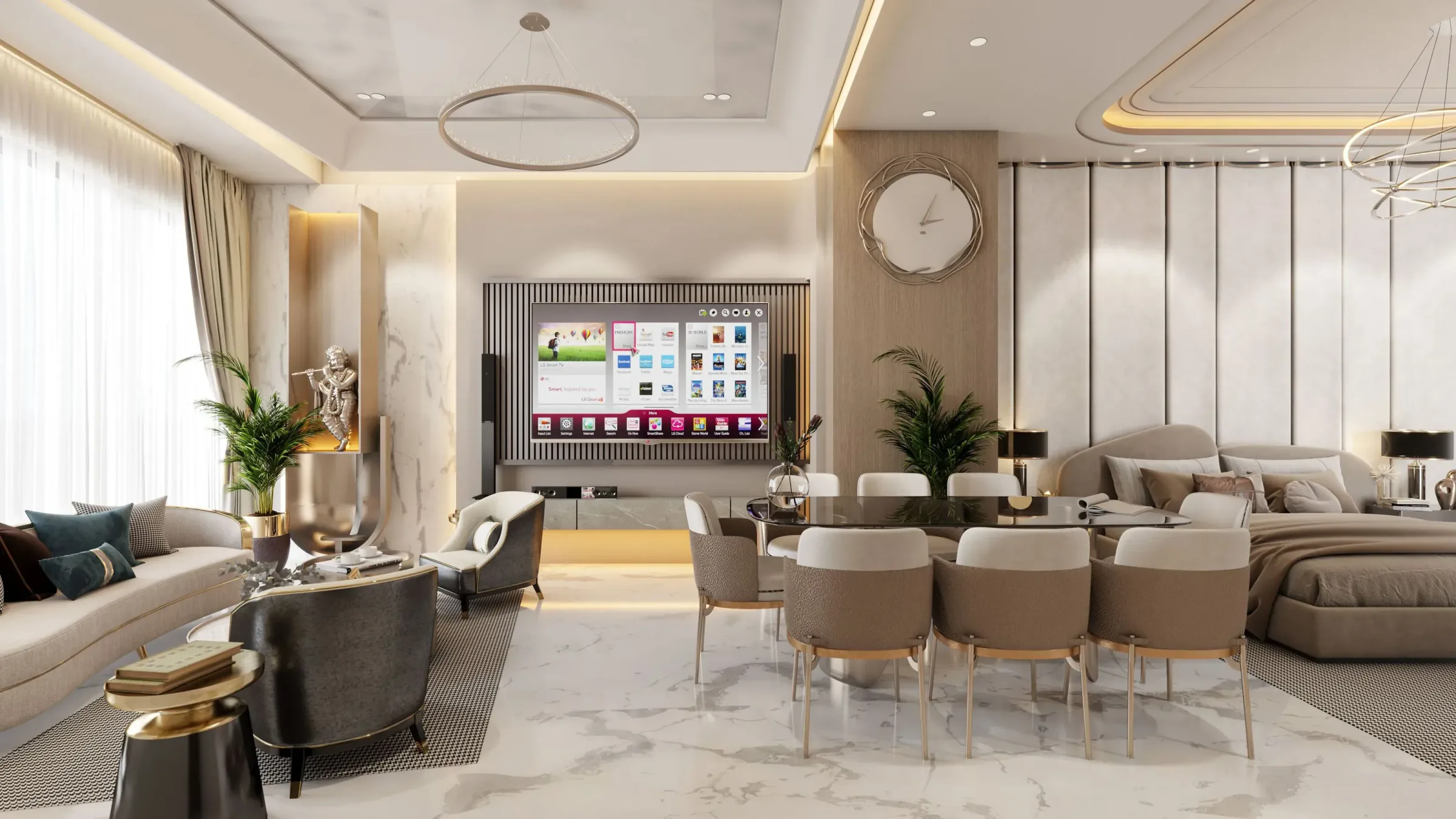 Intrici Experience Centre — the lounge with a ring chandelier and fluted wall panelling