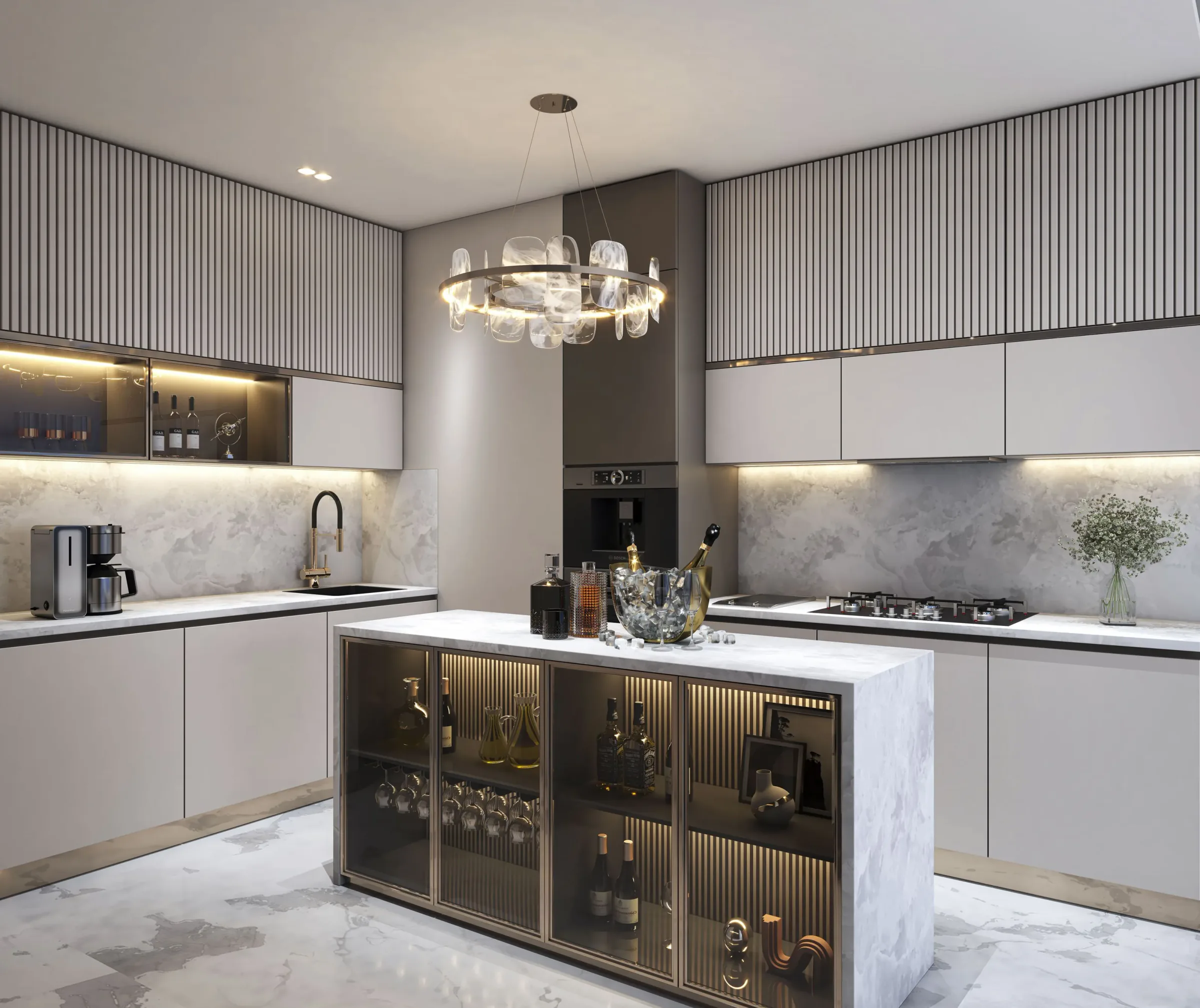 Kitchen Interiors — a modular kitchen in fluted grey and white stone under a ring chandelier