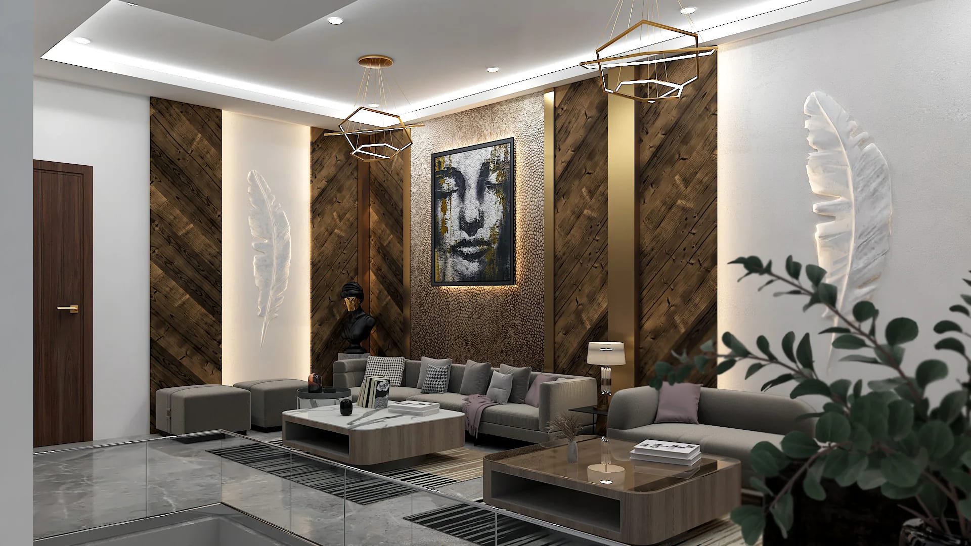 Living Room Interior — a herringbone timber feature wall with a large portrait