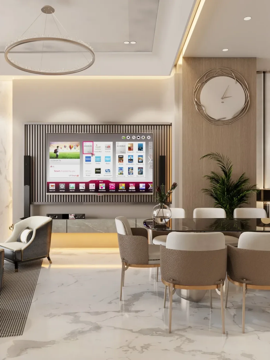 The lounge at the Intrici Experience Centre, Gurgaon, with fluted panelling and a sculptural ceiling light