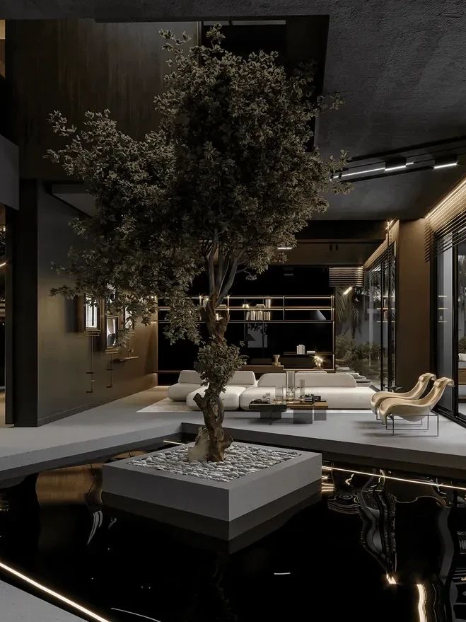 An indoor courtyard with a single olive tree under a dark timber ceiling