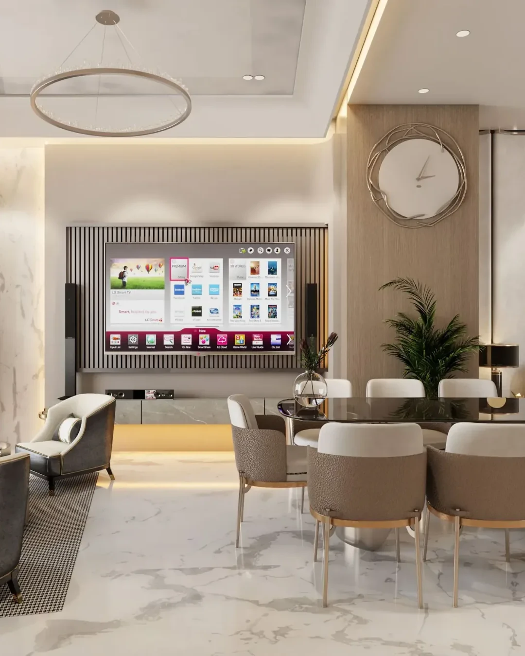 Intrici Experience Centre — the lounge with a ring chandelier and fluted wall panelling
