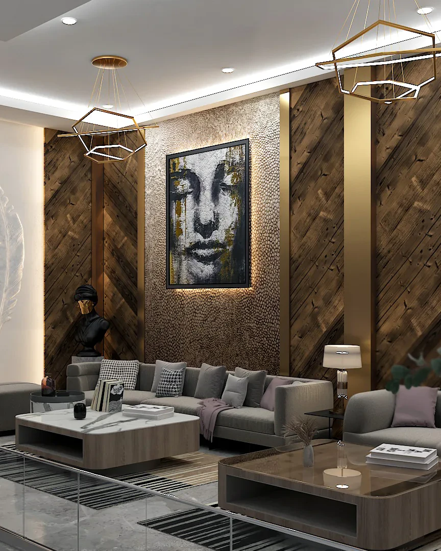 A finished living room with a herringbone timber wall and art, ready for handover