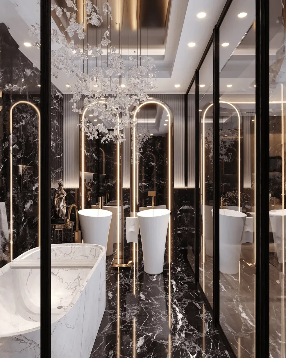 A dressing room in dark marble and gold, finished on site