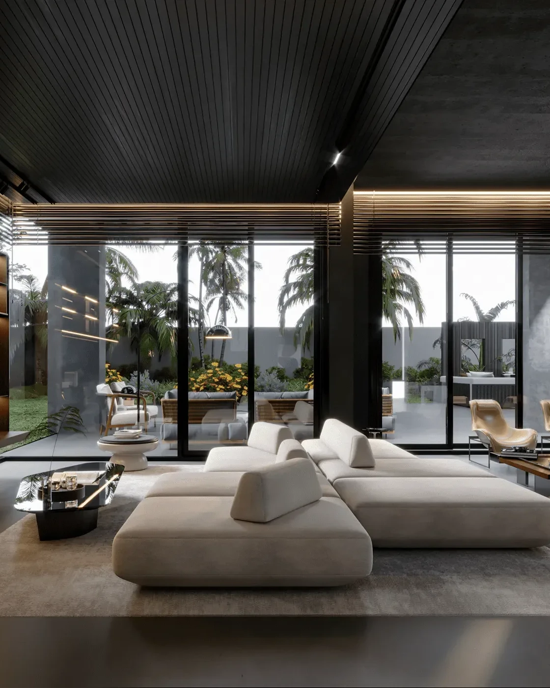 Luxury Home Interiors — a sunken living room with full-height glazing onto the garden