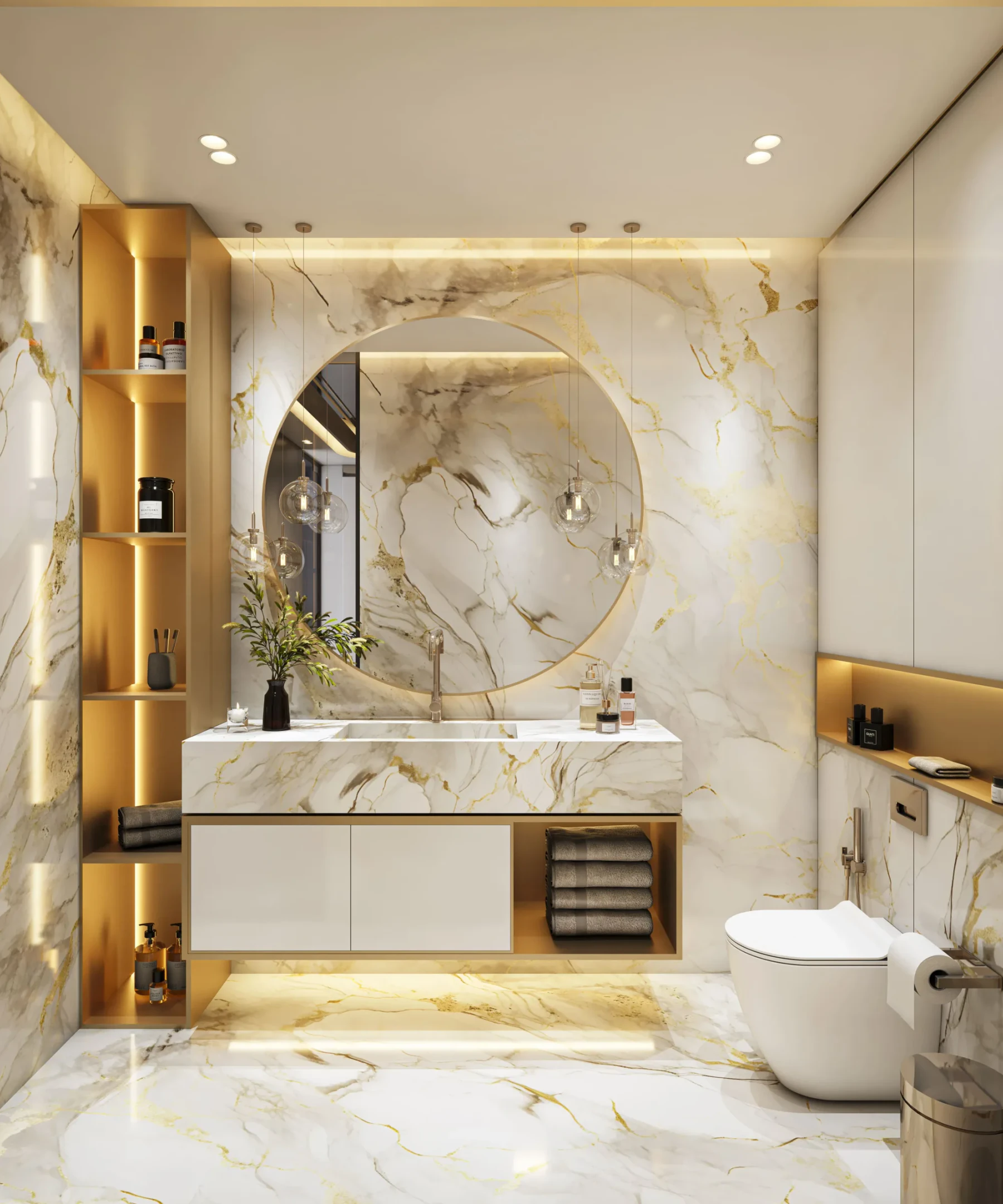 A washroom in book-matched marble with a backlit round mirror and brass shelving