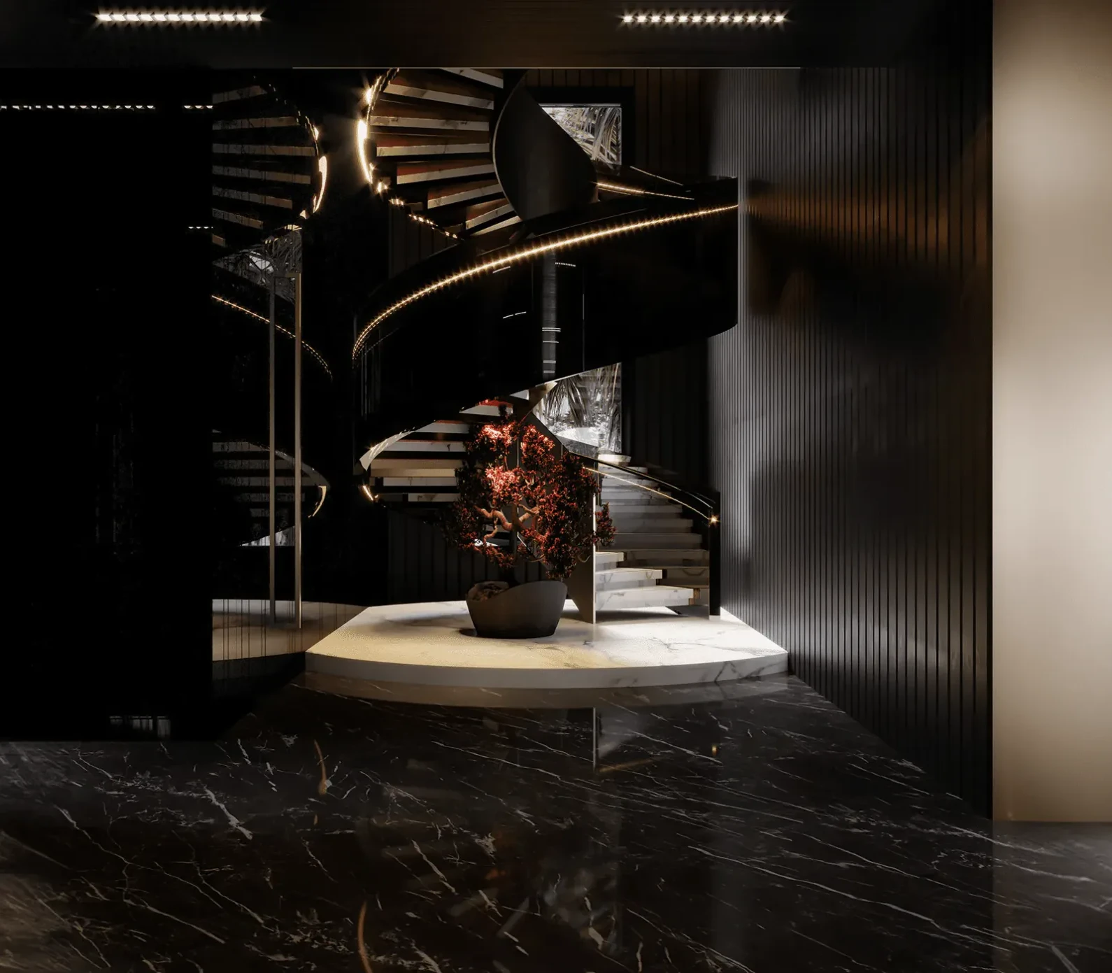 A spiral staircase in dark stone and bronze, lit from below
