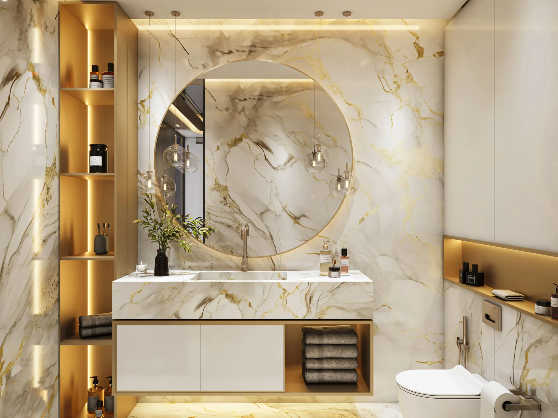 Marble, brass and lighting chosen together for one room