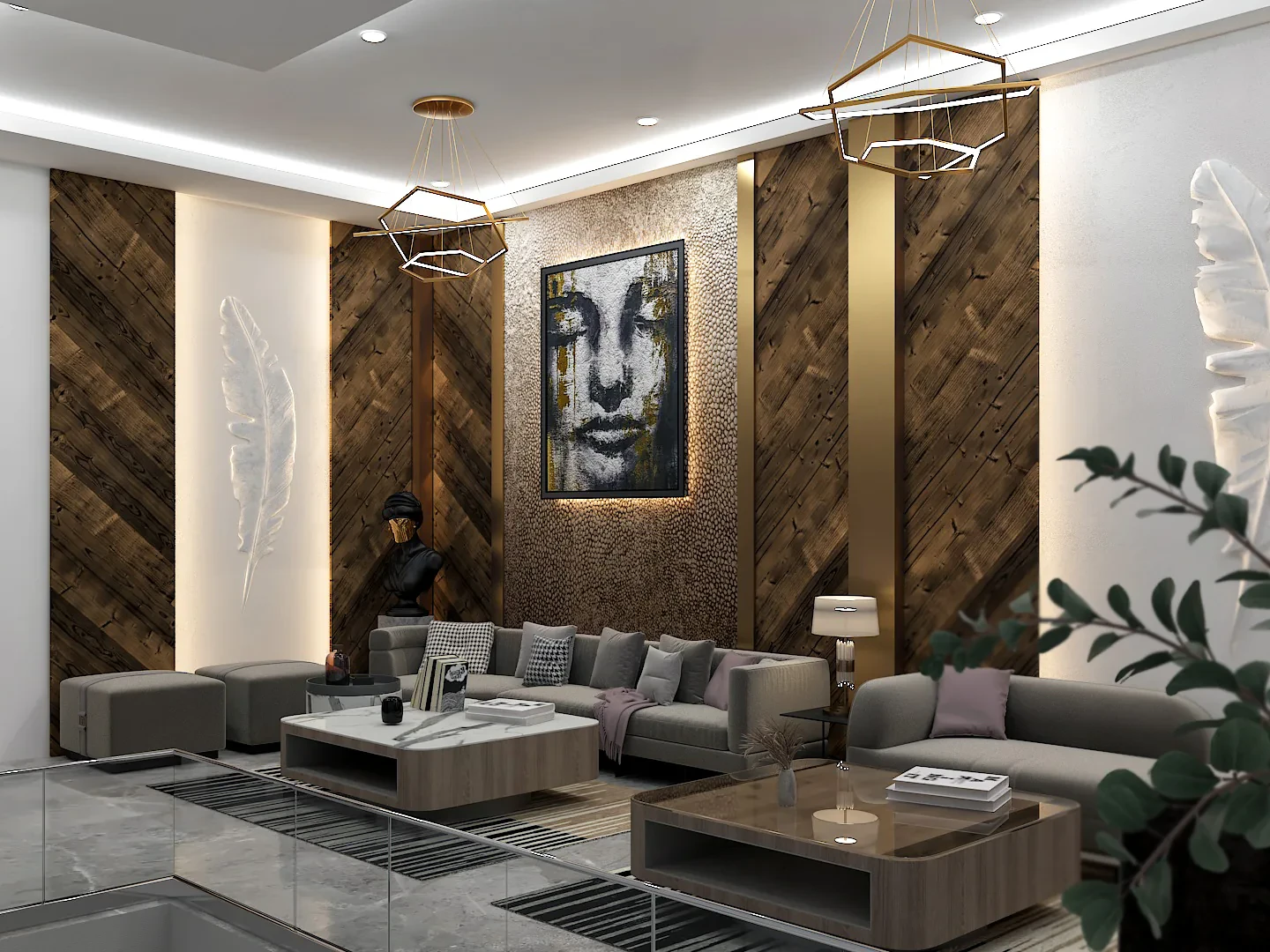A finished living room with a herringbone timber wall and art, ready for handover
