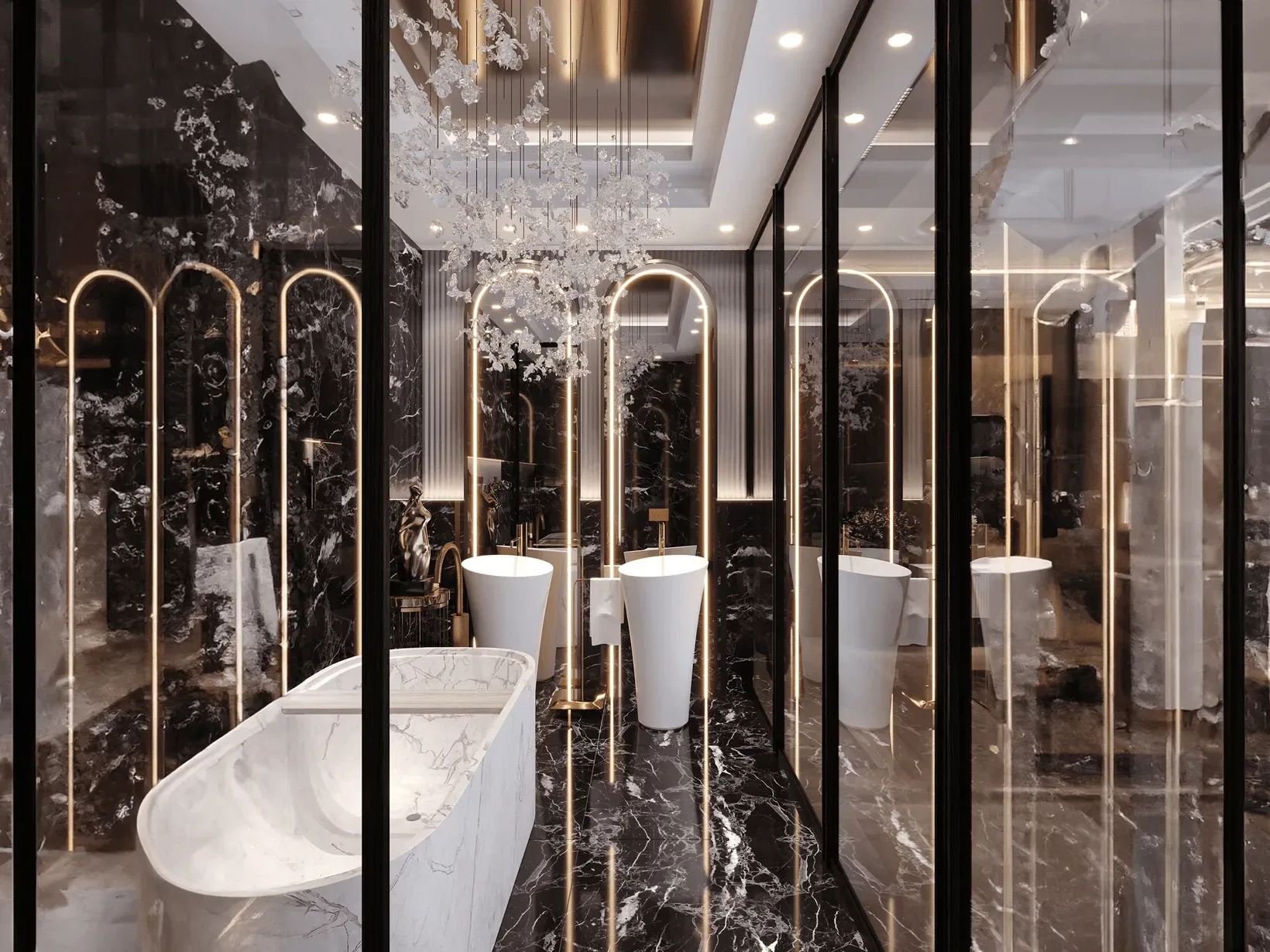 A dressing room in dark marble and gold, finished on site