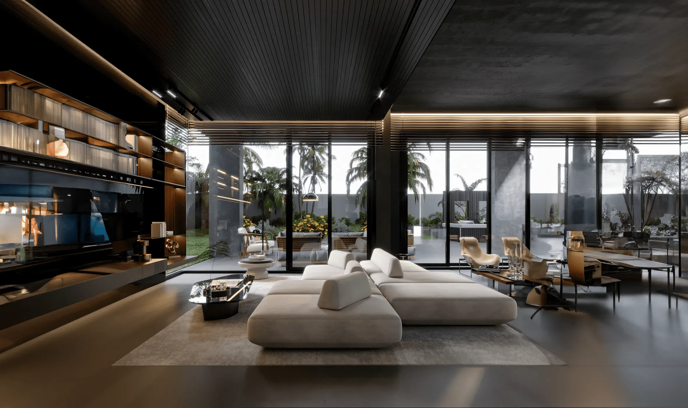 A luxury living room with a sunken lounge, dark timber ceiling and full-height glazing onto the garden